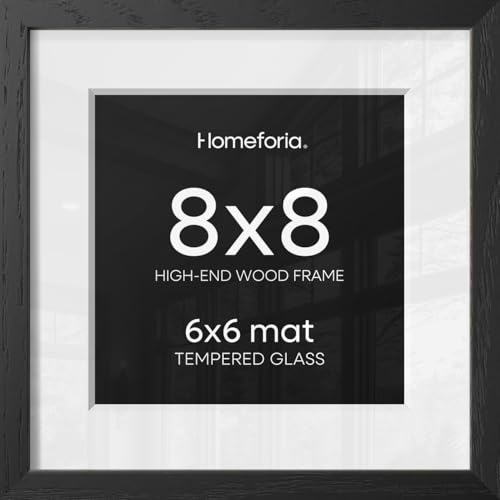 Image of Homeforia 8x8 Picture Frame Black Wood, High-End Oak 8 x 8 Square Frames with Mat 6 by 6 inch Photo, 8x8 Wooden Frame Matted to 6x6 Art, 8by8 Wall or Tabletop Frame, Tempered Glass, Wall Kit, Set of 3