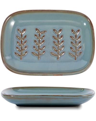 HighHerz Aesthetic Ceramic Soap Dish for Shower Soap Holder with Raised Relief Shower Soap Dish for Shampoo Bar Or Sponge Soap Saver for Bathroom Kitchen Sink Decorative Soap Tray (Blue)