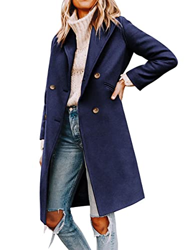Yousify Women's Wool & Pea Coats Double Breasted Navy Blue Coat Women Notched Lapel Collar Long Winter Trench Coats