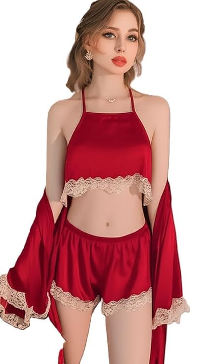 Women Three Piece Lace Trim Sleepwear Set Soft Bralette High Waist Shorts with Matching Robe Lightweight Nightwear and Loungewear Set-picture-54