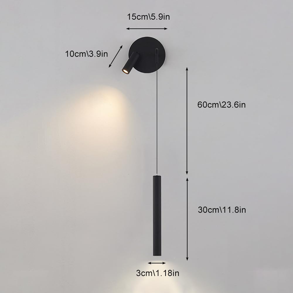 Lampada da Parete a Tubo Lungo, Lampada da Parete Moderna a LED con Piccolo Faretto Girevole e Orientabile, Lampade da Lettura da Comodino Nere, Applique da Parete con Flauto in Metallo per Camera da