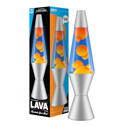 LAVA® - Lampa Lava 2117, pomarańczowy wosk, niebieska ciecz, srebrna podstawa i czapka, oryginalna 14,5 cal lampa ruchowa marki LAVA®