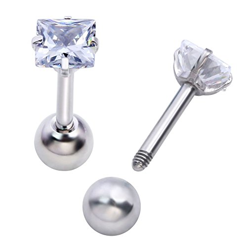 Zysta BBUS160448 Pair Clear Cubic Zirconia 16G Earring Studs Square Rhinestone Diamond Stainless Steel Post Back Ball Screw Men Women Boy Girl Nose Helix Cartilage Ear Lobe Small Cute Piercing Jewelry thumb #1