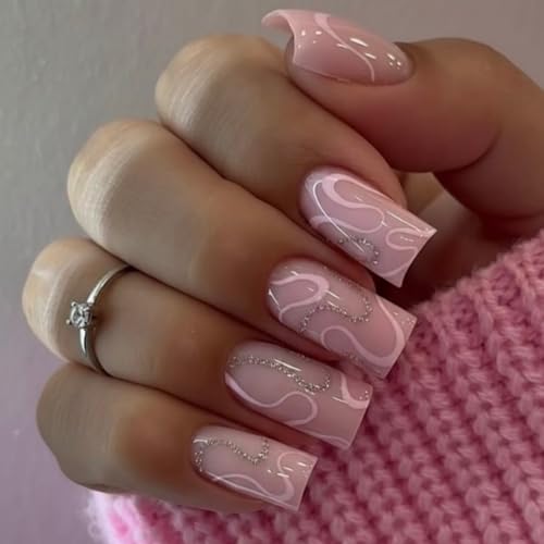 Image of Lrregular Lines Press on Nails Pink Fake Nails Medium Square False Nail Press ons with Design Glossy Full Cover Stick on Nail for Women Manicure 24Pcs