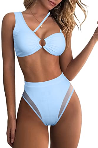 QINSEN Sexy Bikini Swimsuit Wrap Push up Cutout Front High Waisted 2 Piece Bathing Suits Light Blue L