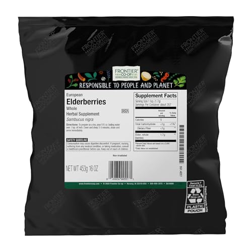 Frontier Co-op Elderberries, European Whole, Kosher, Non-irradiated | 1 lb. Bulk Bag | Sustainably Grown | Pack of 2 | Sambucus nigra L.