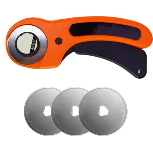 Cuter Rotativo Corta Telas 45 mm con Mango Ergonómico de Plástico, Set de Accesorios Costura, Cortador de Tela, Cortadora Cartón, Cortador Circular Papel y Guillotina Papel Profesional