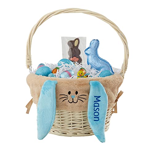Personalization Universe Hand-Woven Easter Basket with Folding Handle & Personalized Bunny Liner - Ideal Egg Hunt Basket, Vintage Style Wicker - Natural Basket, Tan Liner, and Blue Ears
