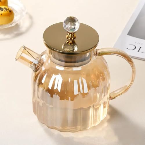 Image of PrimeWorld Premium Amber Glass Teapot with Lid - 1 Litre | Elegant Glass Pitcher for Hot Water, Milk & Serving (1 Pc)