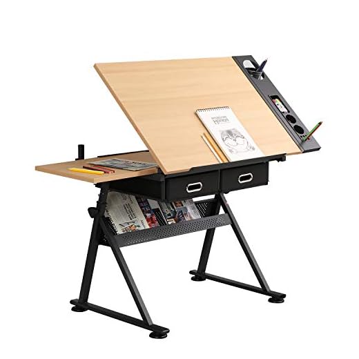 sogesfurniture Mesa de Dibujo con Tablero Inclinable, Altura Ajustable, Escritorio de Dibujo de Estudio de Trabajo con 2 Cajones de Almacenamiento, para Artista, Arquitectos