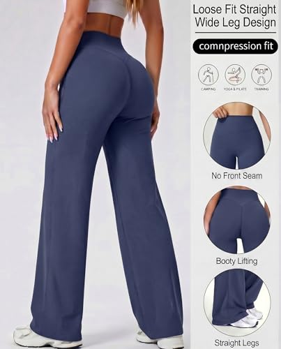 Image of Coume 2 Pack Women Workout Leggings Straight Wide Leg No Front Seam Yoga Gym Pants High Waist Buttery Soft Stretch Leggings