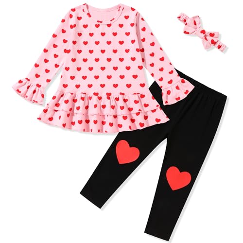 Image of Gaupafmb Toddler Valentines Day Outfit Girl Clothes Heart Top and Leggings Pants with Heart Headband Clothing Set 18M-6Y