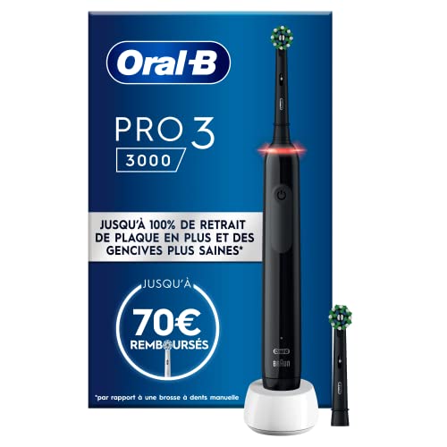 Oral-B Pro 3 3000 Brosse À Dents Électrique Avec 2 Brossettes, Technologie 3D, Élimine Jusqu’À 100 % De Plaque Dentaire, Noir (lot de 1)