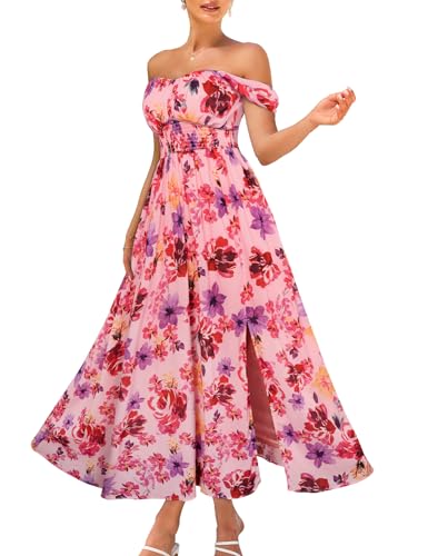 Image of GRACE KARIN 2026 Women's Summer Floral Wedding Guest Dress,Beach Flowy A Line Maxi Off Shoulder Bridesmaid Dresses