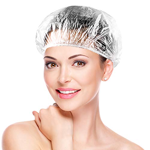100PCS Shower Cap Disposable Bath Caps Large Thick Clear Waterproof Plastic Elastic Hair Bathing hat for Women Men Kids Girl Travel Spa Hotel Hair Salon Home Use Restaurant, Food Service, Portable Hat