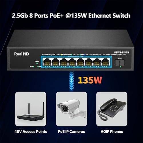 Image of 9 Port 2.5G Gigabit PoE Web Managed Switch, 8 Port POE + 1* 10G SFP, IEEE 802.3af /at PoE 135W, Support WiFi6 AP, NAS, PoE Camera NVR