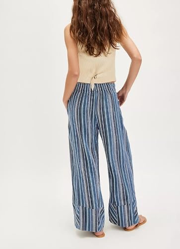 Juakoso Women Striped Wide Leg Pants Loose Elastic Waist Lounge Pants Boho Flowy Straight Leg Casual Trousers with Pockets4