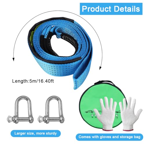 Image of STHIRA 16.4ft Tow Ropes Heavy Duty Towing Straps with 2 Shackles Locks & Storage Bag Polyester Webbing Rope with Reflective Strip, Max 8000KG Capacity Tow Strap for Sedans, SUVs, Pickup Trucks
