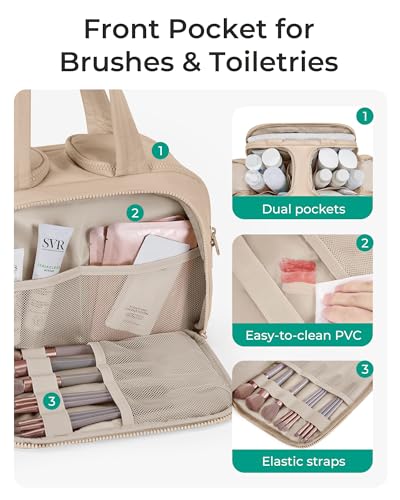 Image of BAGSMART Travel Toiletry Bag, Puffy Toiletry Bag for Women, Wide-open toiletry bags for traveling, Large Travel Cosmetic Makeup Bag Organizer for Accessories,Toiletrie (Khaki)