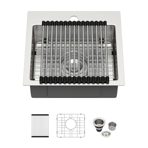 Image of 15x15x5 Drop In Bar RV Sink 16 Gauge Stainless Steel ADA Compliant | 15 Inch Overmount Topmount Kitchen Sink Single Bowl Low Depth Round Corner Handmade Basin with Rack & Bottom Grid