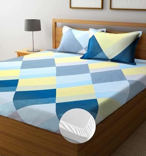 Image of Jashan Premium Cotton Elastic Fitted Bedsheets with 2 King Size Pillow Covers | Double Bed with All Around Elastic 220 TC Supersoft |Size-72 King Sizex78+10 inches | Sky Blue & Pink