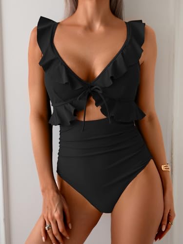 Eomenie One Piece Swimsuit for Women Tummy Control Ruffle Bathing Suit V Neck Ruched Swim Suit Slimming Cutout Swimwear4