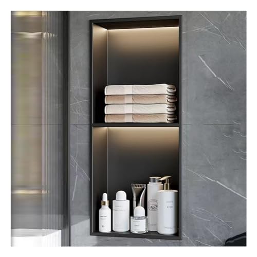 Pujindu Modern, Minimalist Black Stainless Steel Shower Niche With LED Light, Embedded Shower Niche, No Tile Needed For Bathroom (70x28x12.5cm)