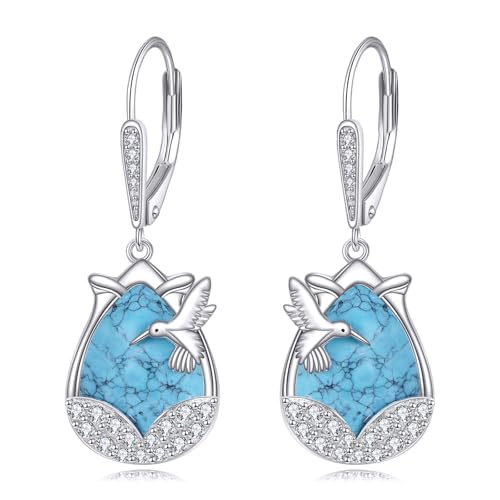 PYTALI Pendientes colgantes de plata de ley con diseño de colibrí y pera turquesa y moissanita para mujer, joyería de cumpleaños, día de San Valentín, regalo de Navidad para ella