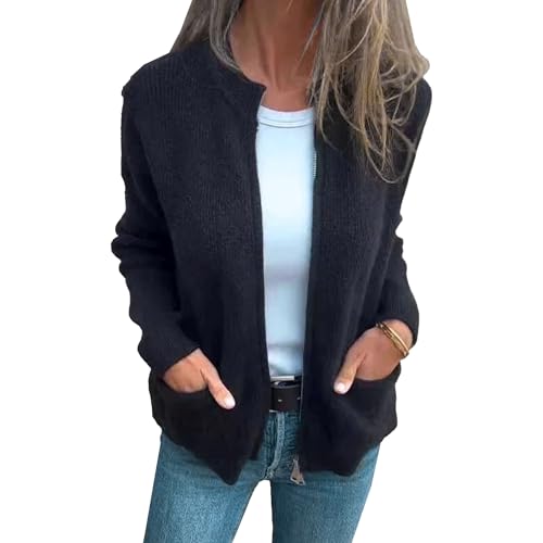 Women's Zip Up Knit Cardigan Lightweight Long Sleeve Stand Collar Sweater Outwear Coat with Pockets