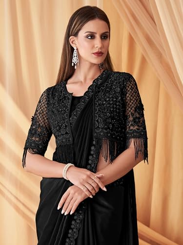 Image of AKHILAM Women's Black Georgette Embellished Saree With Unstitched Blouse Piece