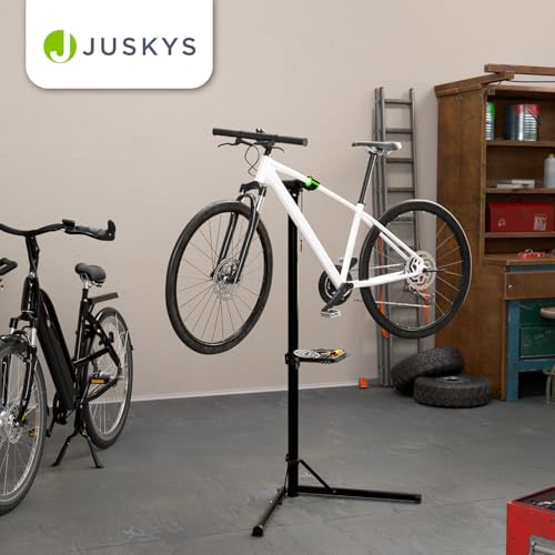 Juskys Fahrrad Reparaturständer, bis 50 kg für E-Bike, klappbar & höhenverstellbar, Klemmkopf 360° drehbar, Gummibeschichtung & Werkzeugablage, Schwerlast Fahrradständer für 24 bis 29 Zoll Fährräder