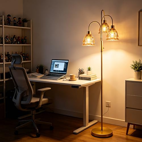 Image of 3-Light Glass Floor Lamp with Amber Ribbed Glass Shades, 70 inch Gold Dimmable Tall Standing Lamp with 3PCS 3000K Warm White Bulbs, Modern Tree Pole Lamp for Living Room Bedroom Home Office Corner Decor
