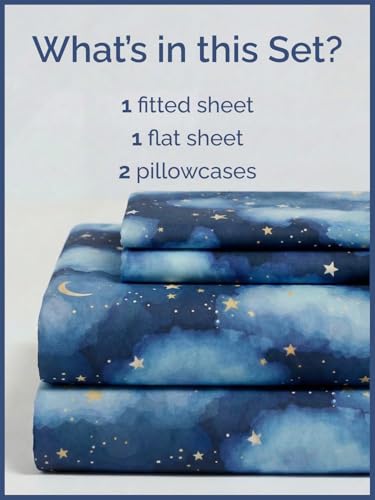 Image of Kids Full Size Starry Sky Bed Sheets - 4 Piece Kids Starry Sky Sheet Set | Starry Sky Themed Bedding, Ultra-Soft, Cute & Cozy, Breathable & Machine Washable, Bed Set for Boys, Girls & Teens & Cooling