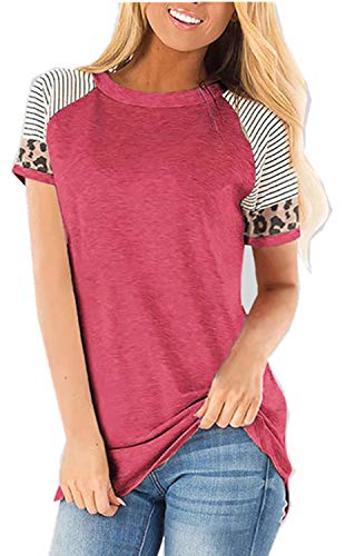 Leopard Print Tops for Women Short Sleeve Crew Neck T Shirts Red M