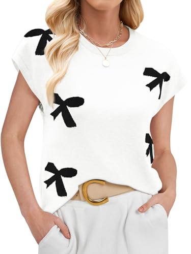 SENFURE Womens Crewneck Sleeveless Sweater Vest 2025 Trendy Cap Sleeve Bow Knit Tank Tops