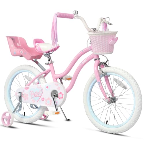 Glerc Petal Girls Bike, 18 Inch Kids Bike for Ages 5-9 Years Old, Princess Style Kids Bicycle with Training Wheels & Basket & Streamers, Pink