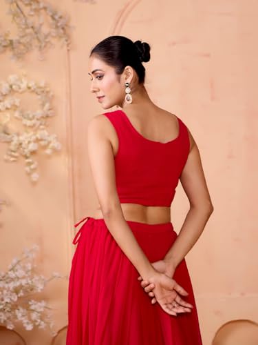 Image of madhuram textiles Women's Georgette Skirt And Crop Top With Long Koti Set For Solid With Embroidery Work Skirt Set(M-2515 Pink)