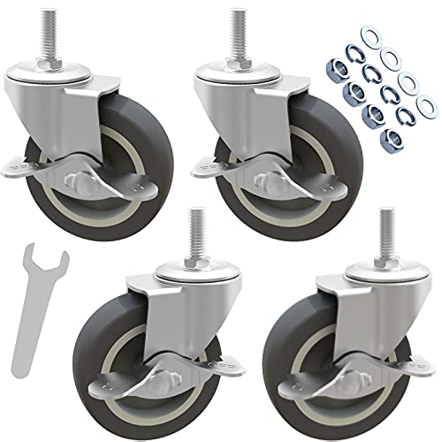MySit Caster Wheels, Stem Casters Set of 4, 3 Inch 3/8"-16x1" Threaded Stem Mount Industrial Castors, Heavy Duty Rubber Locking Brake Swivel Wheel Replacement for Carts Dolly Workbench Trolley