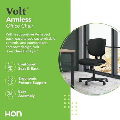 Image of HON Volt Ergonomic Office Chair with Fabric Seat and Back, Armless Desk and Computer Chair with Adjustable Center‑Tilt Recline and Wheels for Home Office or Workstation, Black