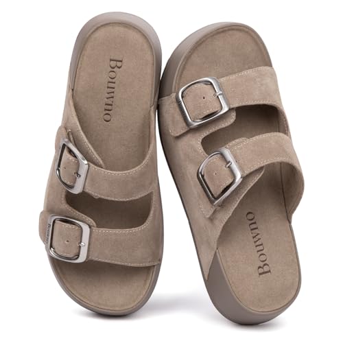 Image of Platform Sandals Women Genuine Leather Slip-on Beach Slide Buckle Comfortable Sandals with Memory Foam Soft Lining and Open Toe Low Wedges