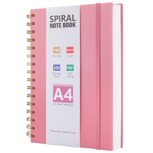 A4 Notebook 200 Pages Notebook Journal for Women Men Wirebound Spiral Notebooks with 100GSM Lined Paper PVC Waterproof Cover Note Book Notepad for Work Office School Supplies 21.5 x 28.5cm-Pink