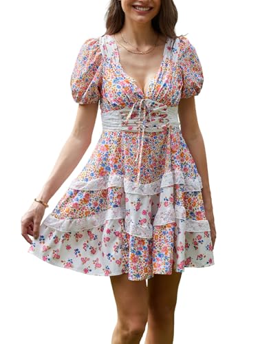 Image of hibshaby Women's Floral Patchwork Dress V Neck Lace Layered Ruffle Flowy Babydoll Dress Puff Sleeve Tiered Mini Sundress