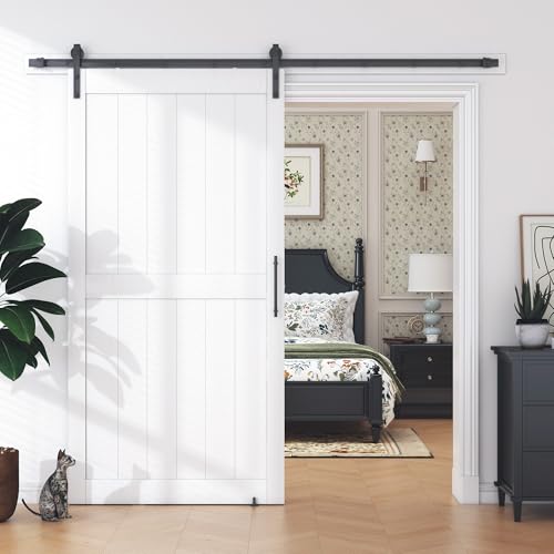 OHTOMO 36 in x 84 in White Sliding Barn Door with 6FT Hardware Kit, Floor Guide and Handle Included, Waterproof PVC Surface, Pre-Drilled Holes Easy Assembly, H-Frame White