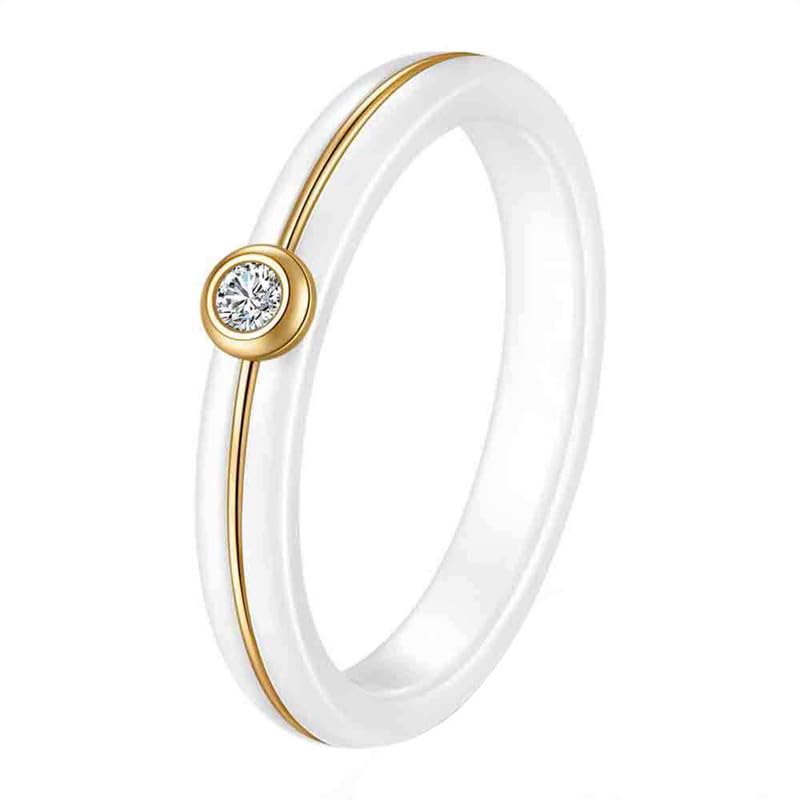 Ouruiba Bague Solitaire en Céramique Blanche Zirconium Diamant Simulé Anneau Acier Inoxydable Or Bague des Fiançailles Mariage Alliance Bijou Femme Taille 57