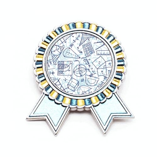 Broche bleue peinte à la main médaille de vainqueur design règle et calculatrice métal
