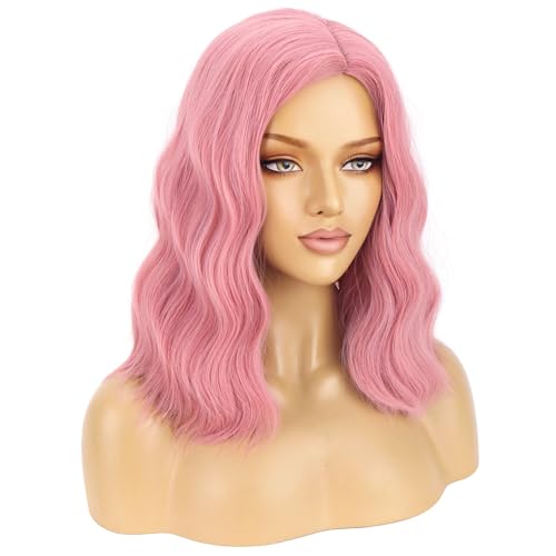 Image of BERON 14 inch Pink Wigs for Women Girls Short Curly Wavy Wig Pastel Colored Shoulder Length Side Part Wave Halloween Cosplay Daily Party Wigs