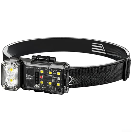Linterna frontal LED recargable con sensor de movimiento y función de pulsación larga, luz de trabajo impermeable IPx4 con inclinación ajustable de 60 grados para camping, correr, senderismo y uso