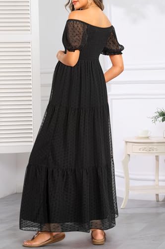 Image of Off The Shoulder Maternity Dress for Baby Shower - Women's Boho Swiss Dot Smocked Puff Sleeve Maxi Dress