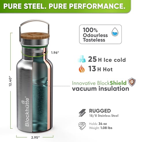 Blockhütte Vacuum Insulated Stainless Steel Water Bottle - 34 oz | Wide Mouth Insulated Metal Bottle for Cold Drinks | Perfect for Travel, School, Kids, Adults, Water Canteen, BPA-Free