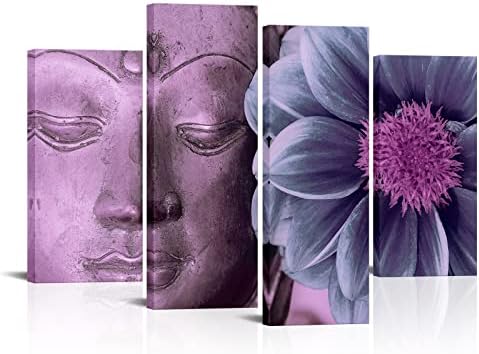 MLOML 4 Panels Purple Buddha Canvas Wall Art Decoration Pictures Lotus Statue Portrait Flower Religion Painting Poster Zen Theme Meditation Artwork Prints for Living Room Bedroom Office Wall Decor Ready to Hang